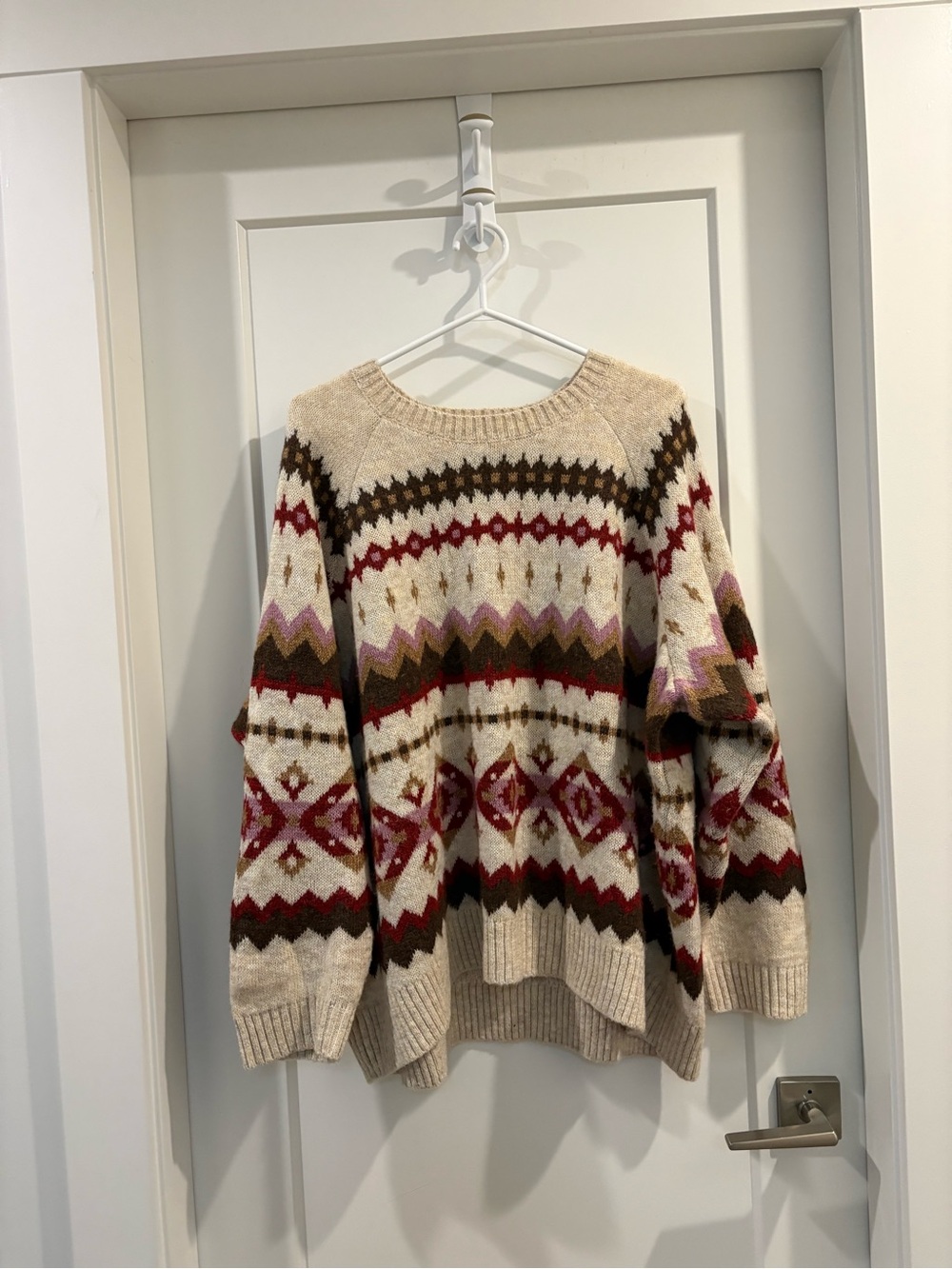 Old Navy Beige Fair Isle Crewneck Sweater with Red, Brown & Pink Accents